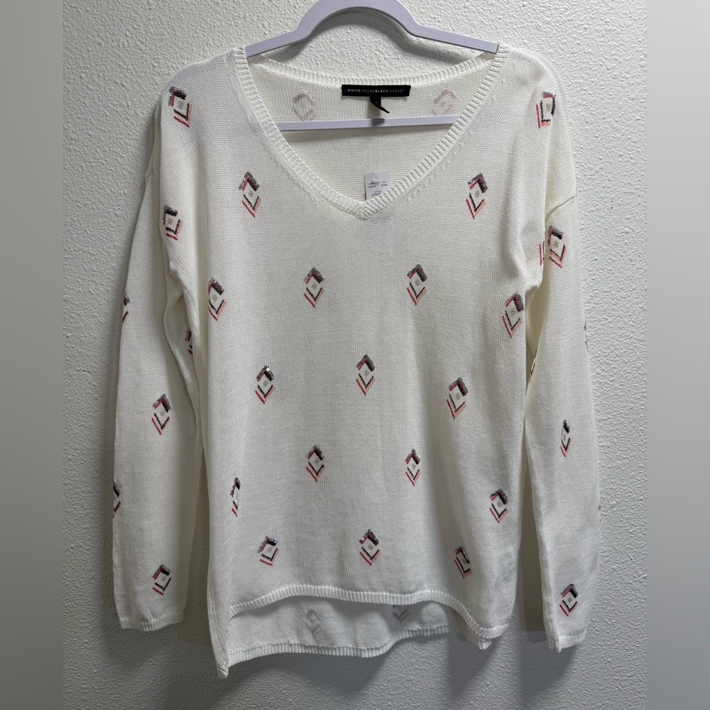 White House Black Market Knit Blouse VNeck Sequin Embellished Long Sleeve Medium